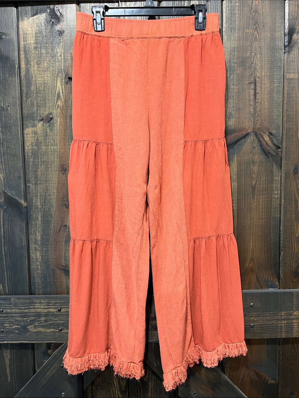 Linen Blend Wide Leg Pants S Rust Terracotta Orange Tiered Boho Fringe Lagenlook